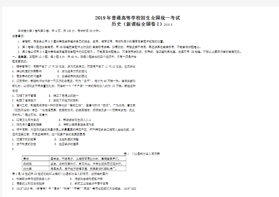 2019全国卷一卷历史