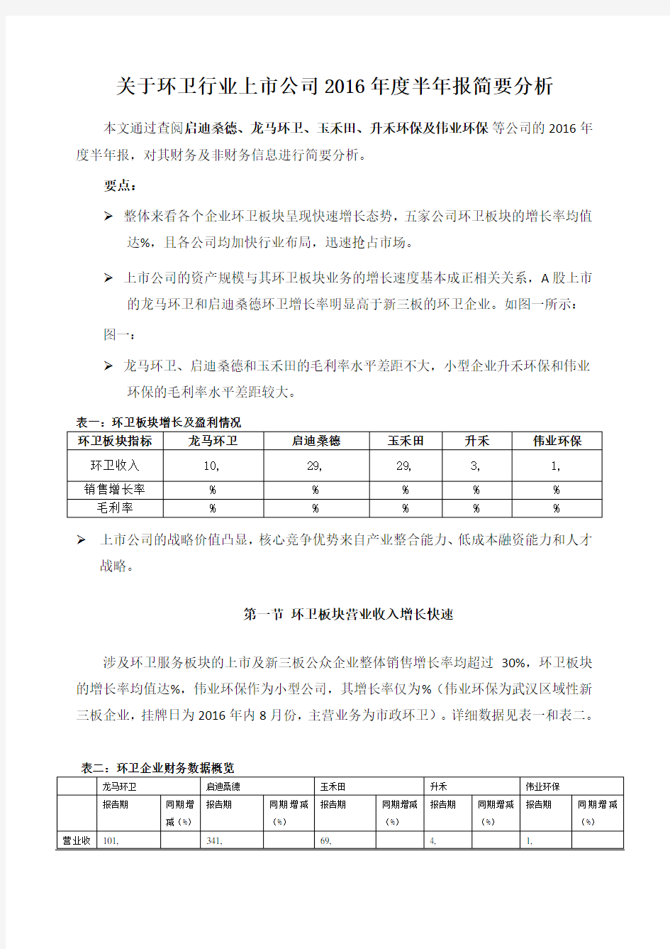 关于环卫行业上市公司 半年报简要分析