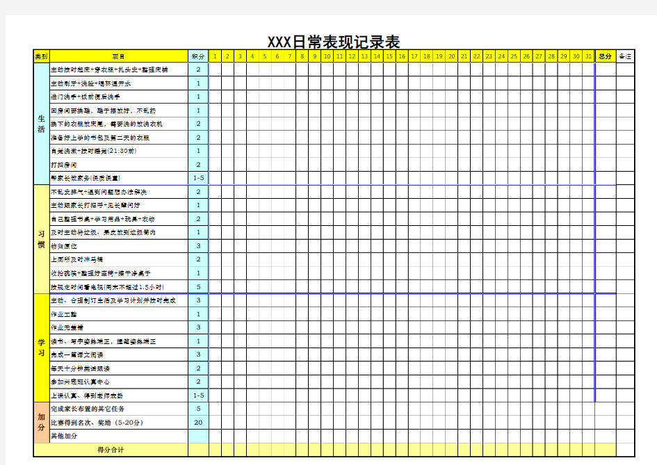 小学生家庭表现记录表