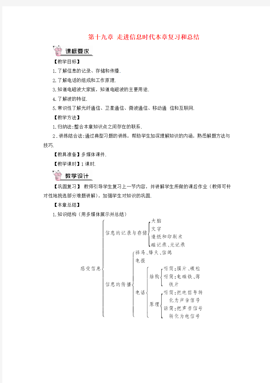 2018年九年级物理全册第十九章走进信息时代本章复习和总结教案(新版)沪科版