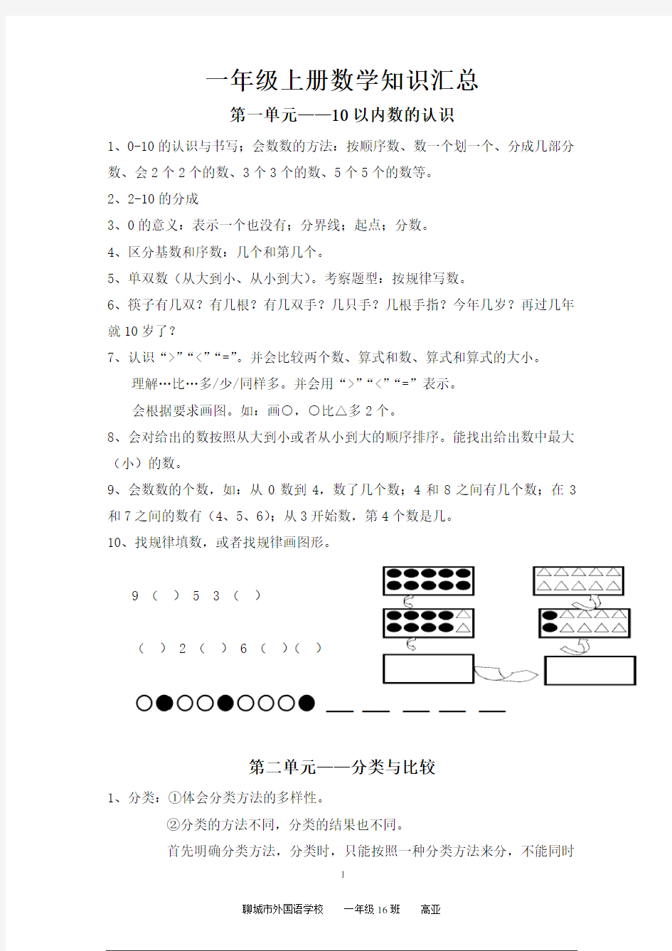 青岛版一年级上册数学知识汇总