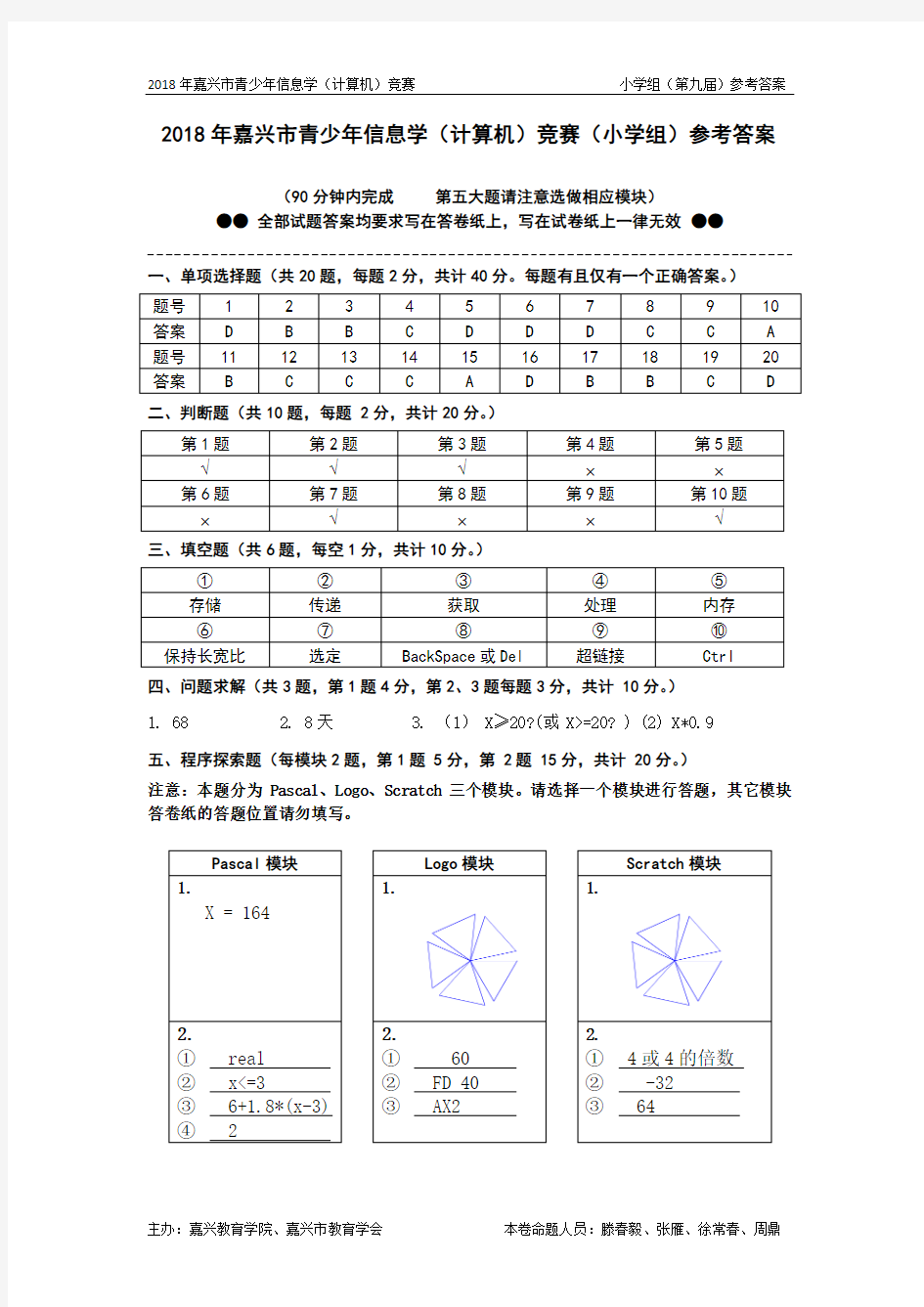 2018年嘉兴市青少年信息学(计算机)竞赛(小学组)参考答案