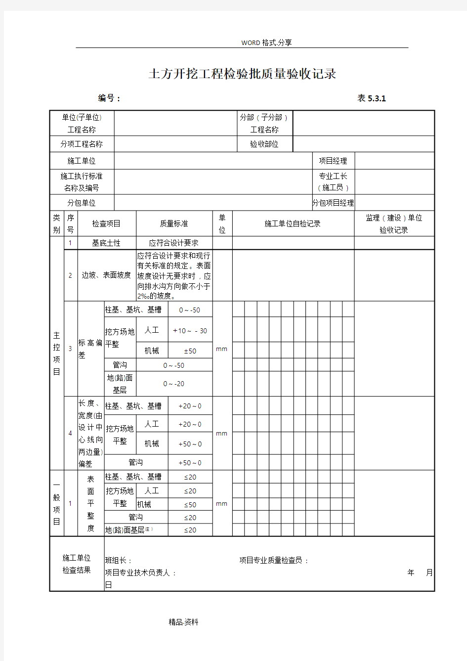 土方开挖工程检验批质量验收记录文本