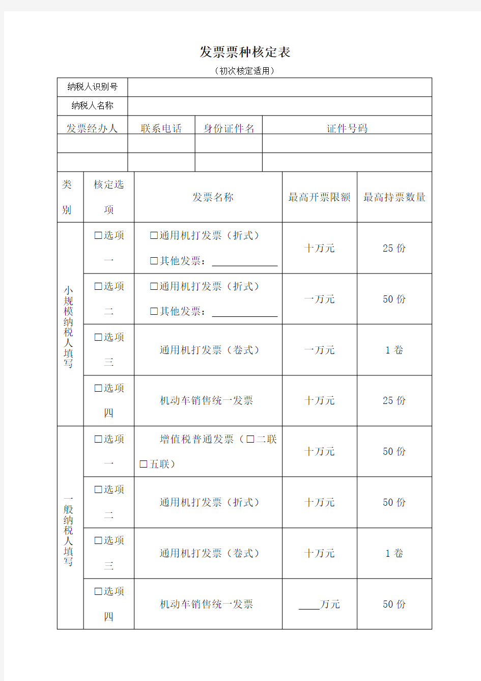 发票票种核定表初次核定适用