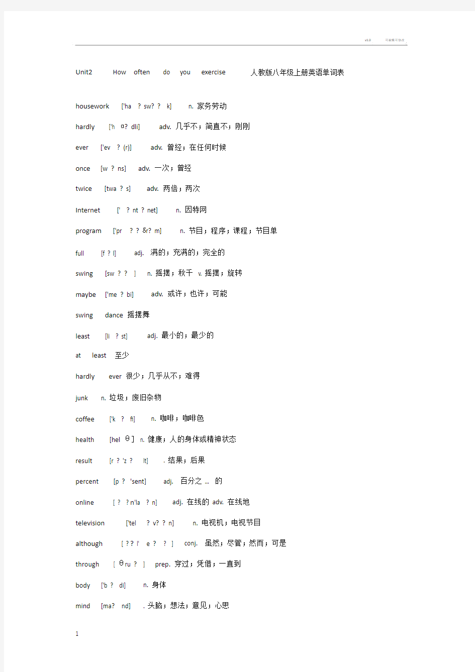 Unit2人教版八年级上册英语单词表.doc