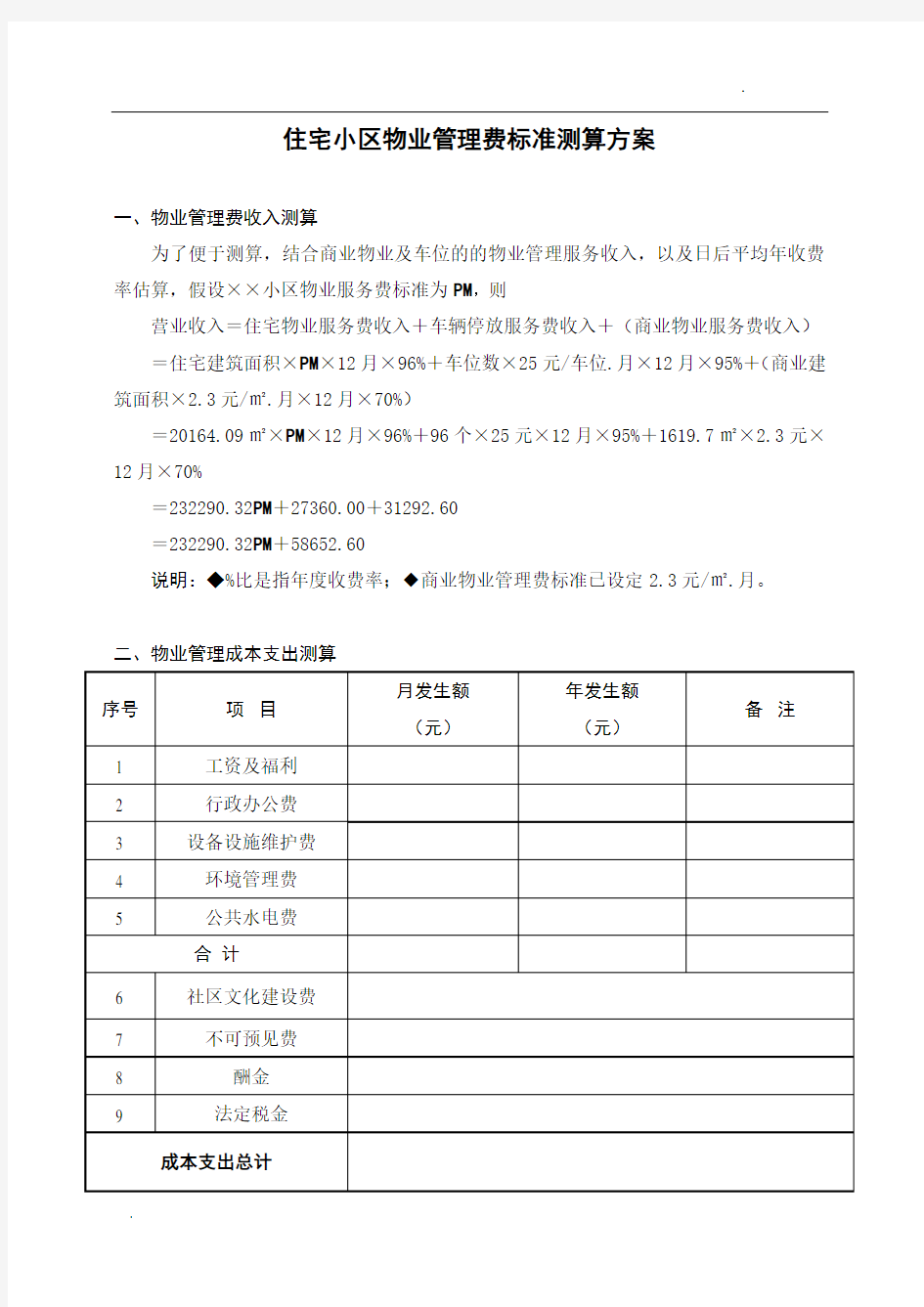 住宅小区物业管理费标准测算方案