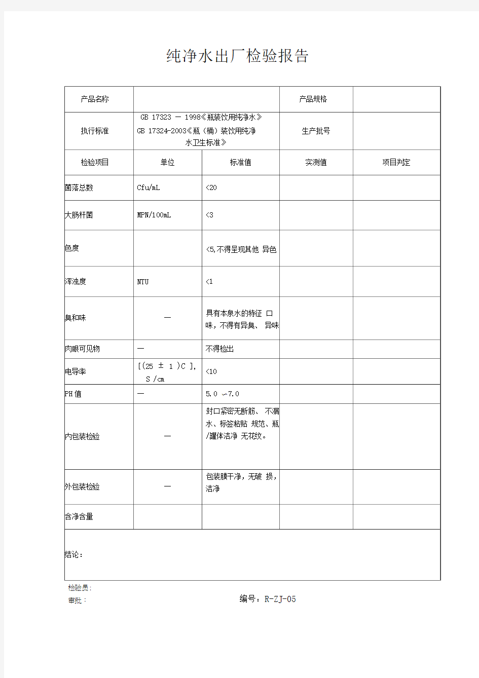 纯净水出厂检验报告书