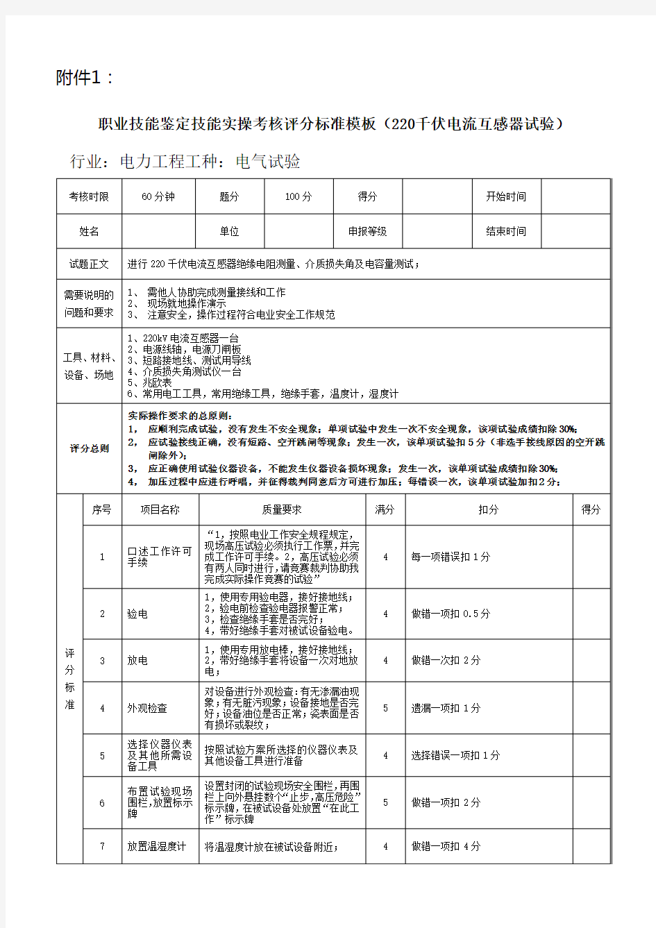 职业技能鉴定技能实操考核评分标准 