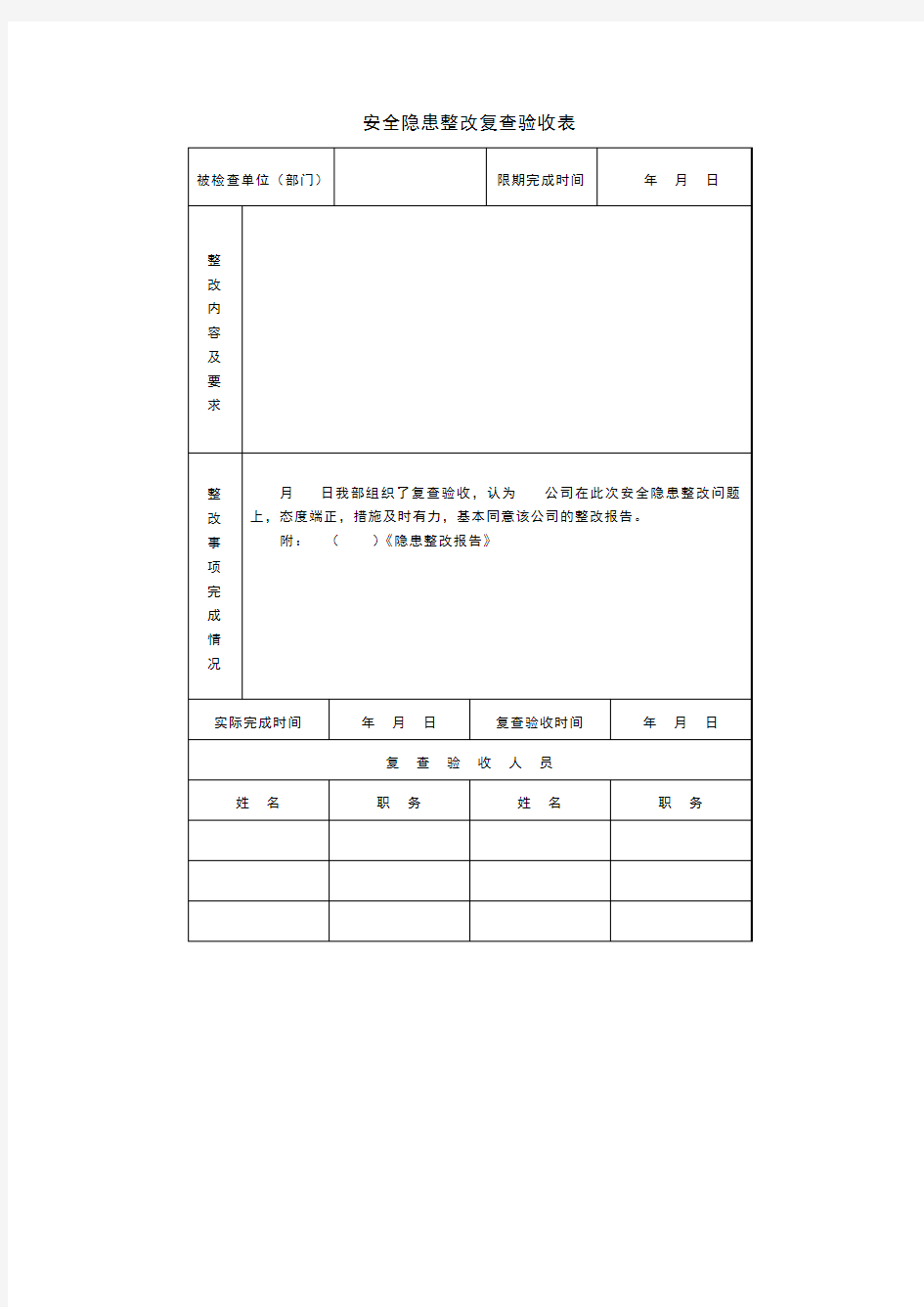 安全隐患整改复查验收表 