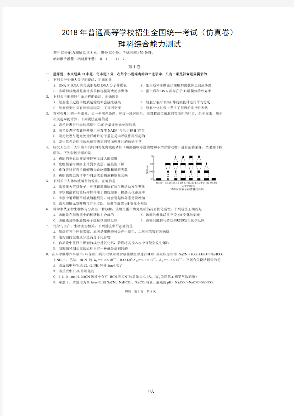 2018年普通高等学校招生全国统一考试(仿真卷)理科综合试题(图片版)