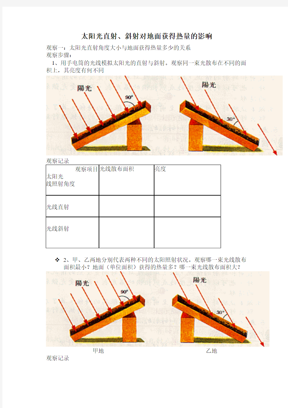 太阳光直射、斜射对地面获得热量的影响