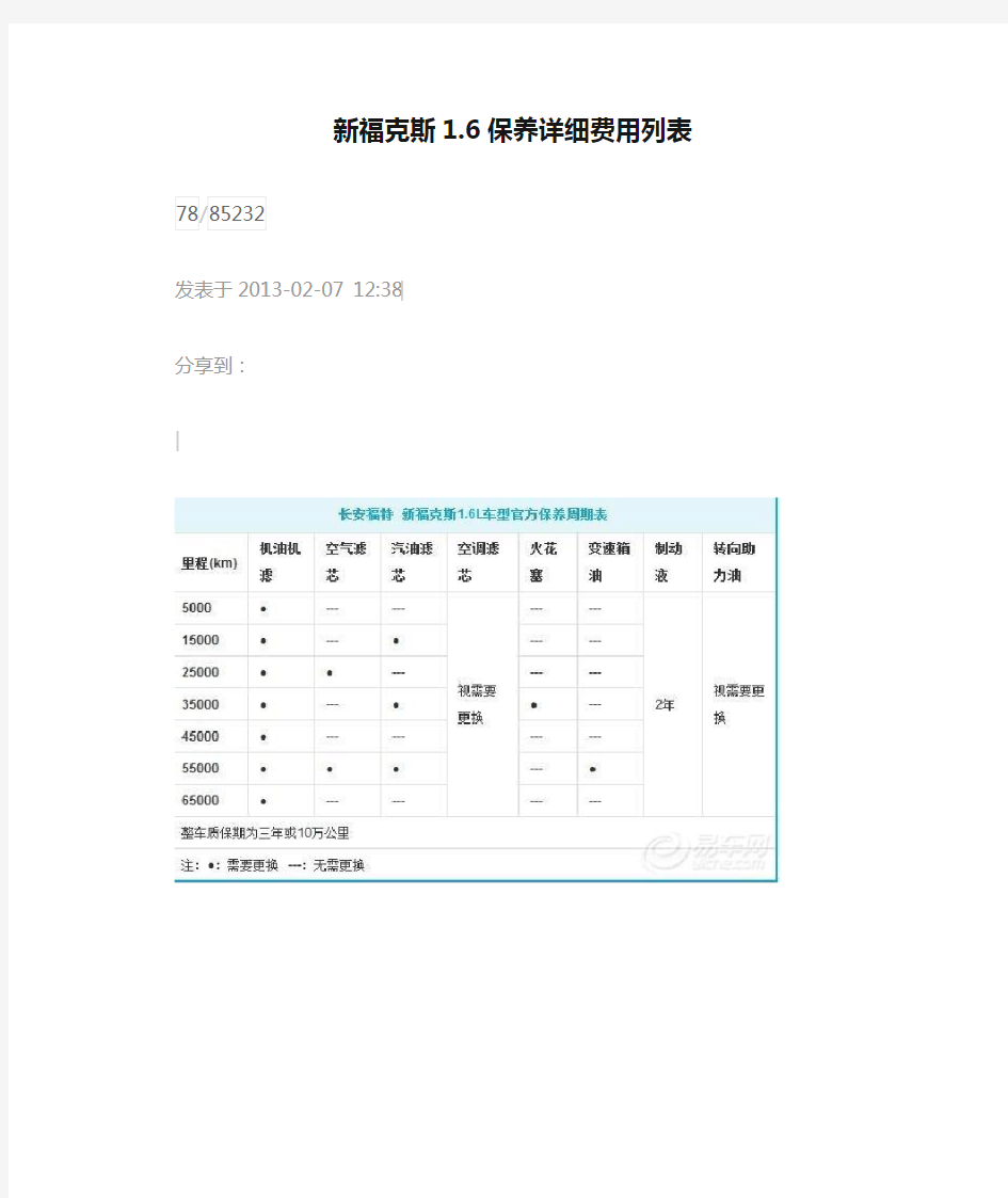 新福克斯1.6保养详细费用列表