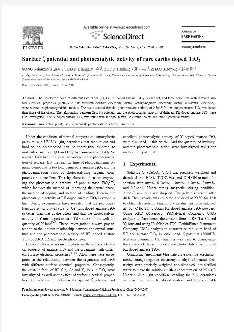 Surface ζ potential and photocatalytic activity of rare earths doped TiO2