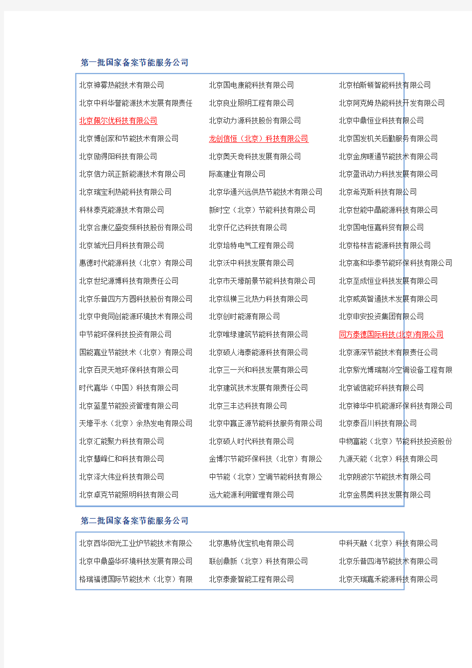 北京市国家备案节能服务公司名录