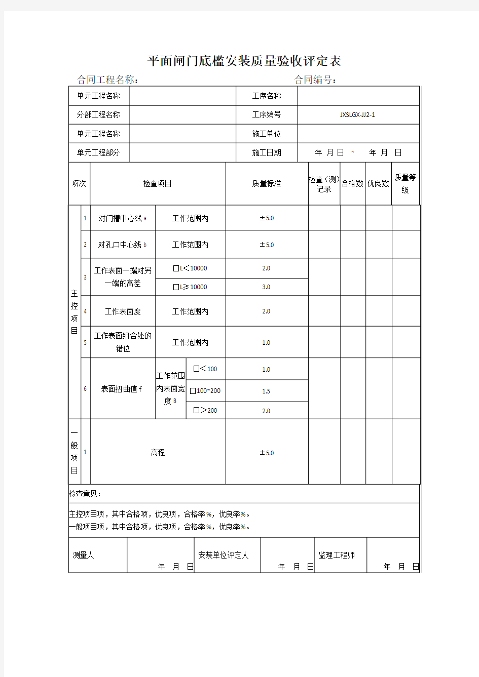 表2-1平面闸门底槛安装质量验收评定表