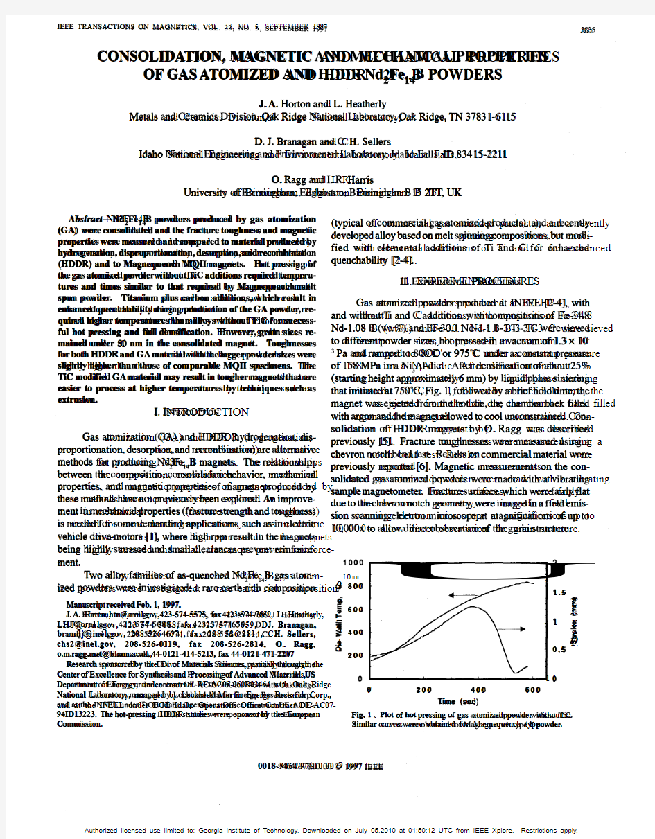 Consolidation, magnetic and mechanical properties of gas atomized and HDDR Nd2Fe14B powders,1997,I