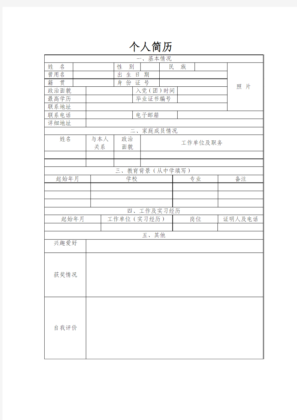 简单实用的个人简历空白表格