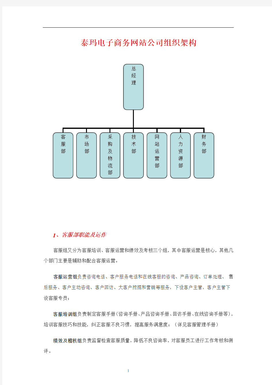 一个B2C电子商务公司组织架构