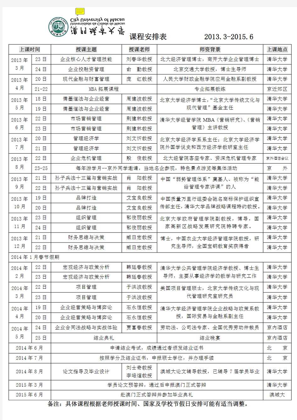 澳门城市大学2013-2015年课程安排表