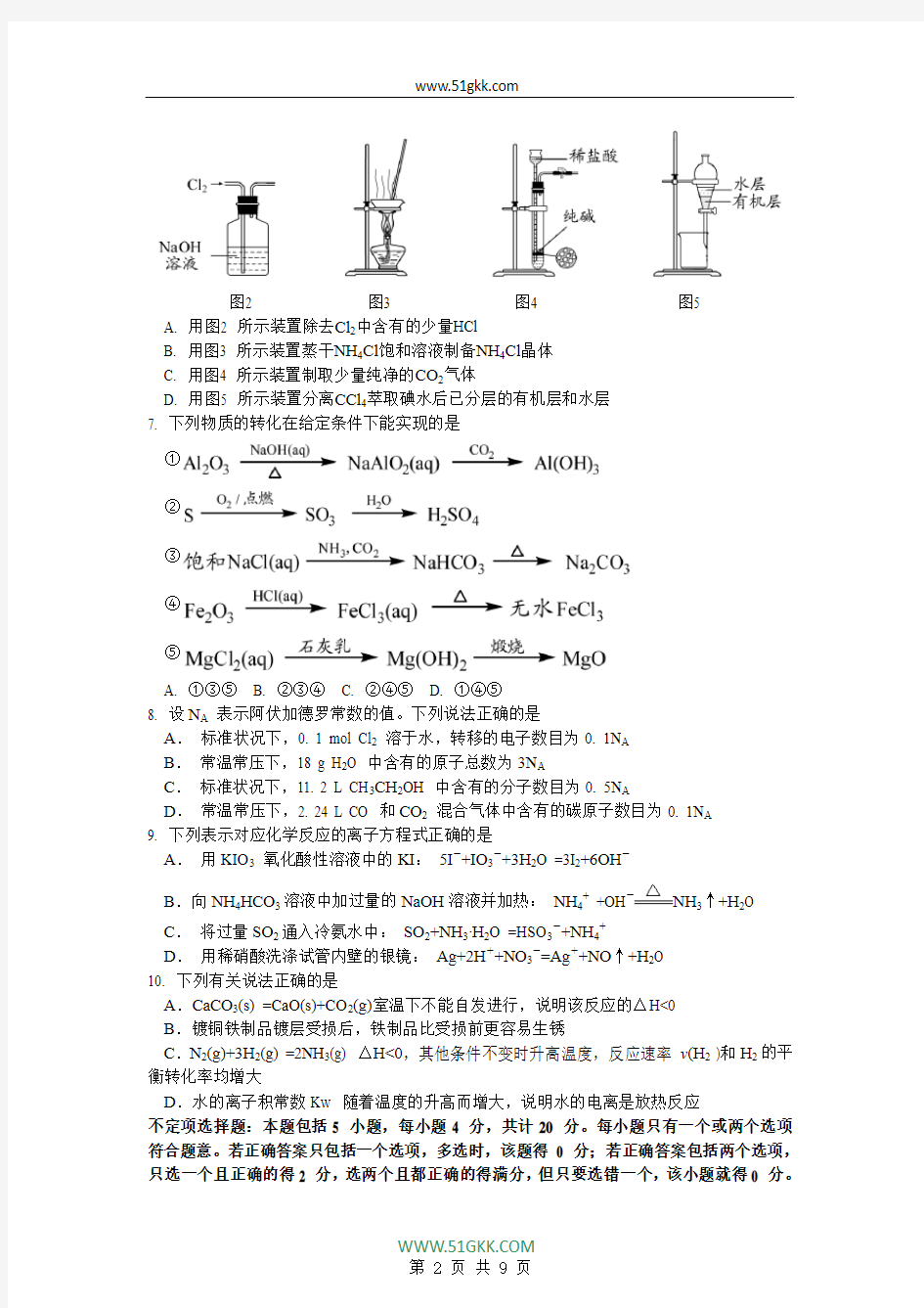 2012江苏高考化学试卷真题——(江苏卷)word版 含答案