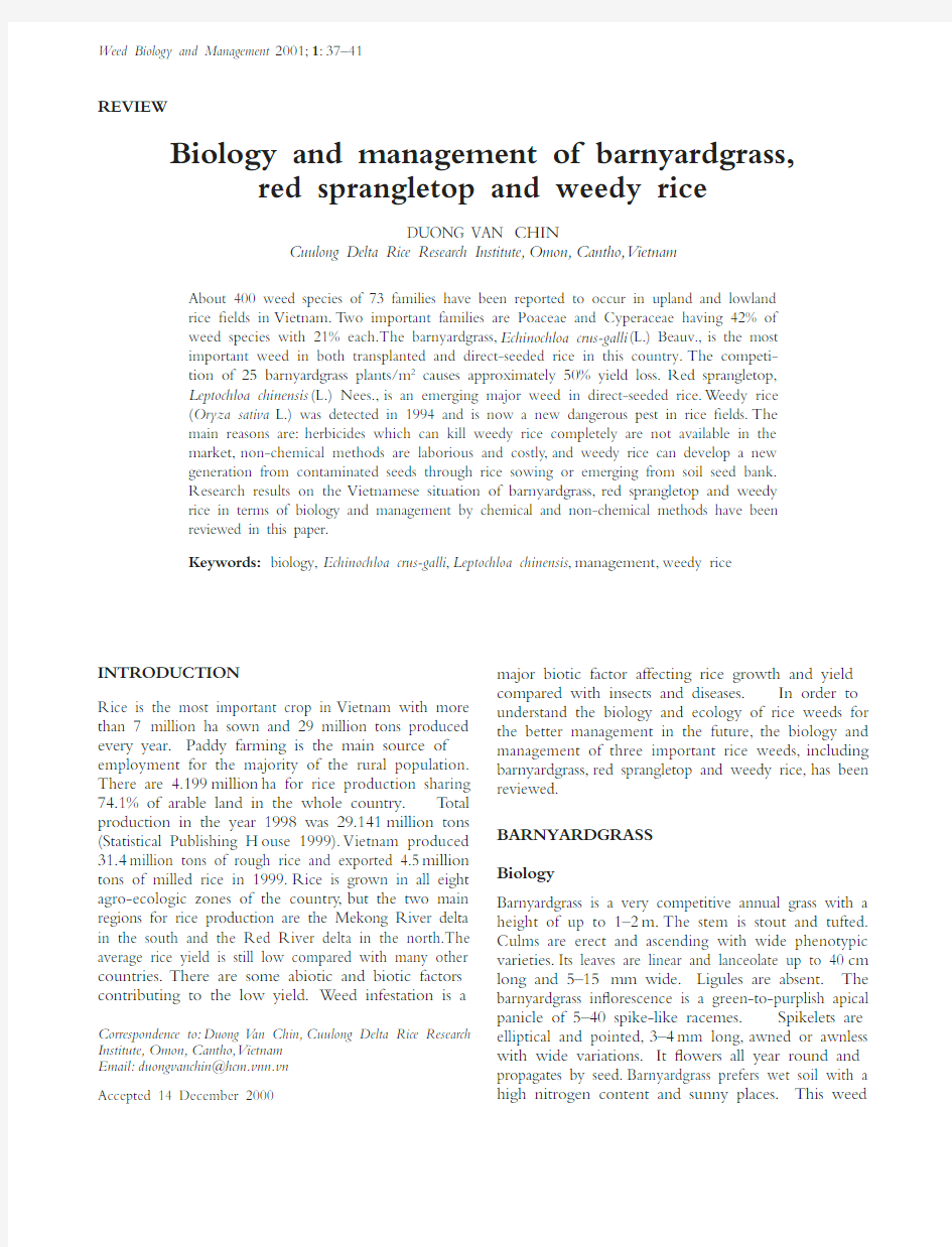 Biology and management of barnyardgrass, red sprangletop and weedy rice