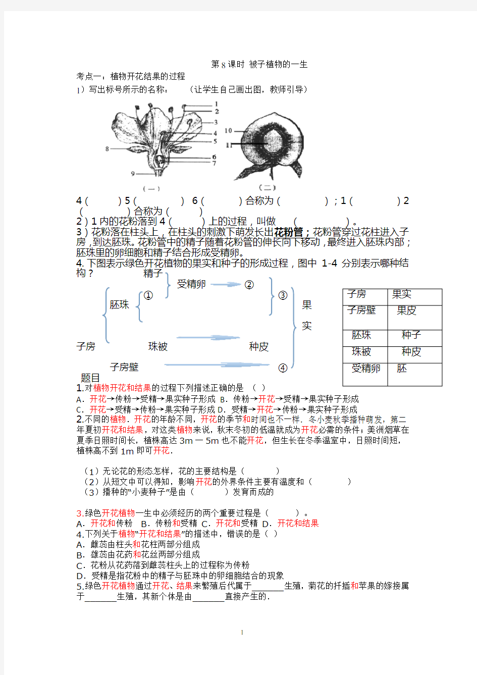 植物开花和结果的过程知识点汇总