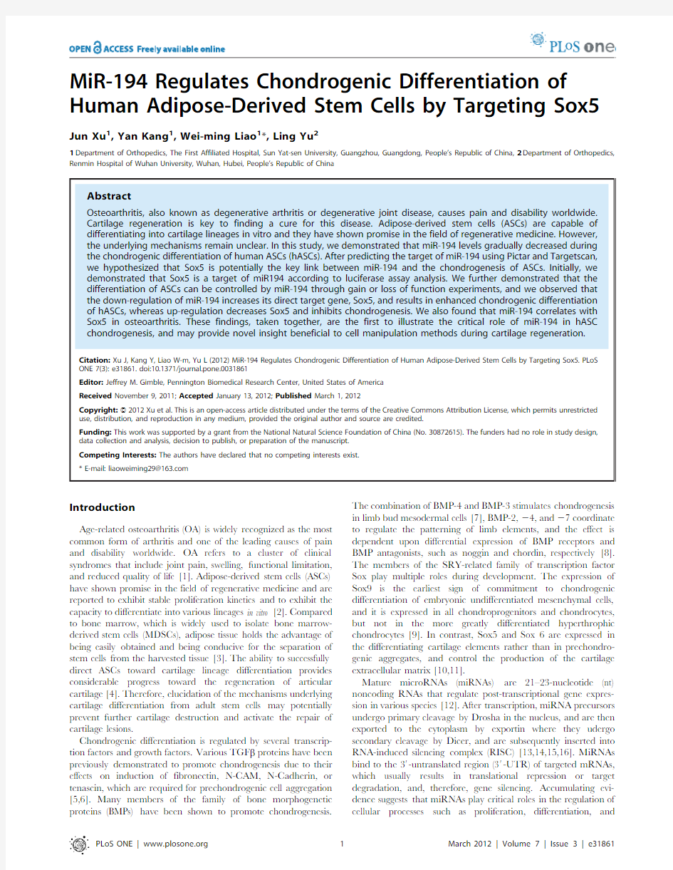 MiR-194 Regulates Chondrogenic Differentiation of Human Adipose-Derived Stem Cells by Targeting Sox5