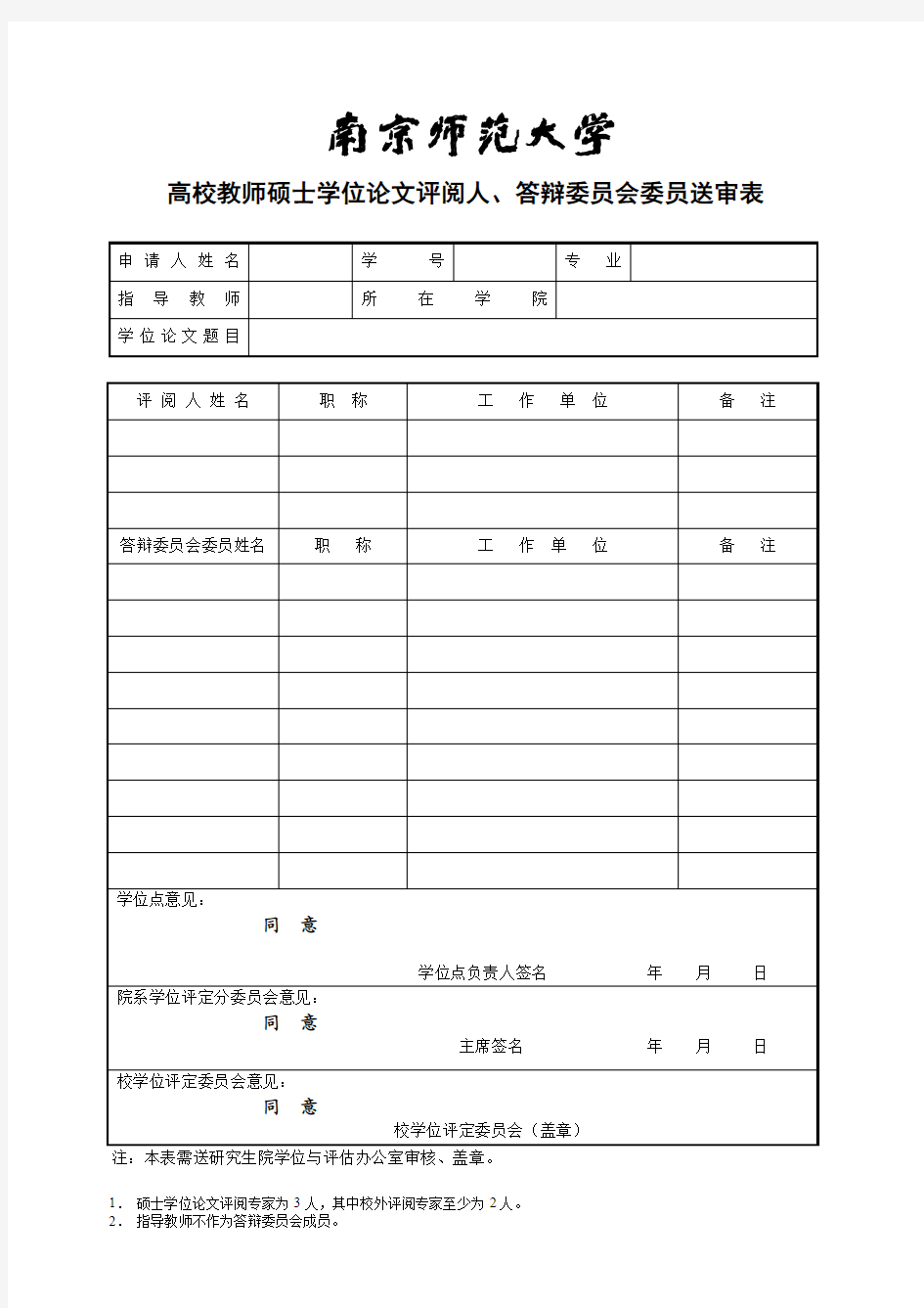 高校教师硕士学位论文评阅人、答辩委员会名单送审表