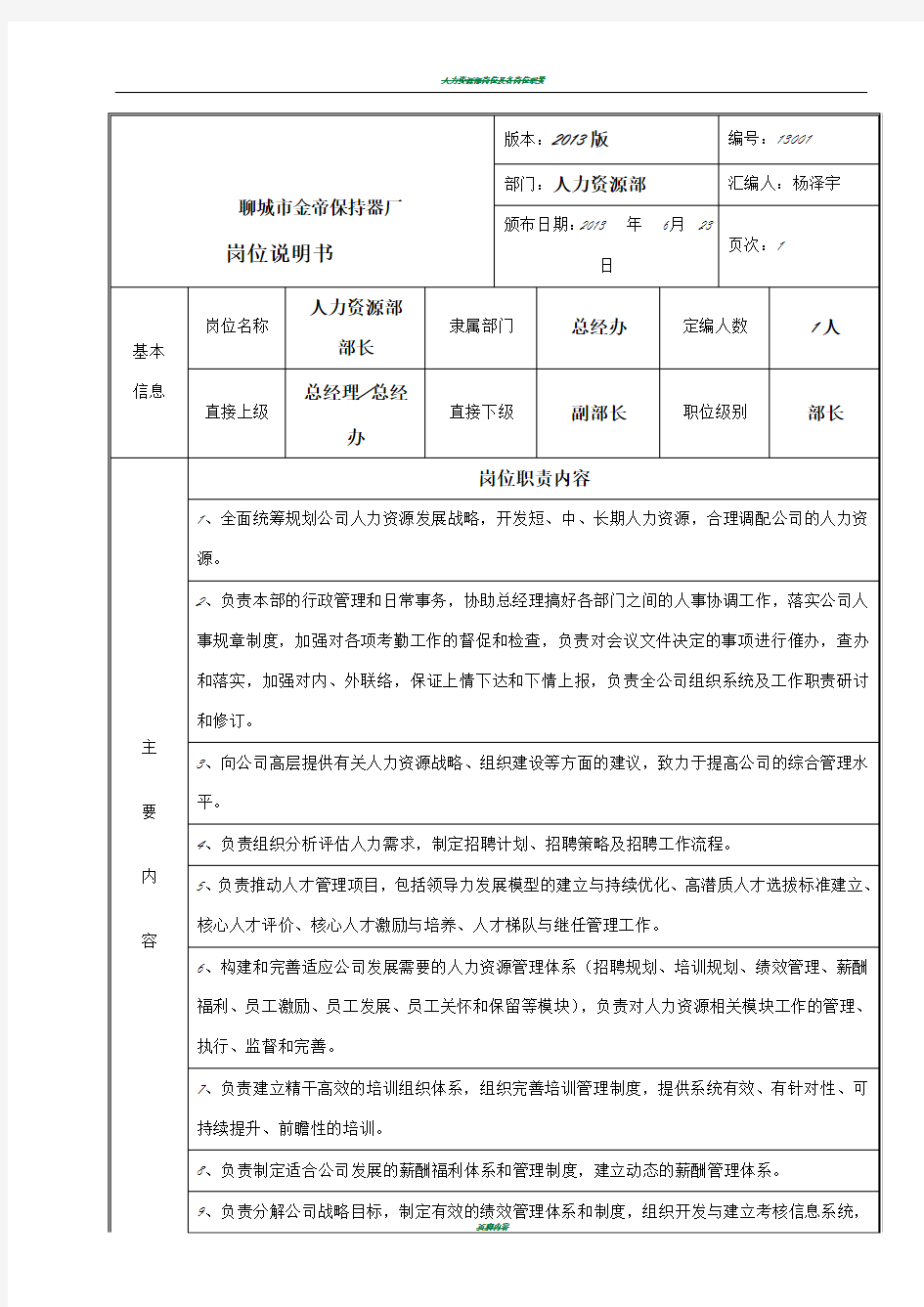 人力资源部岗位职责说明书