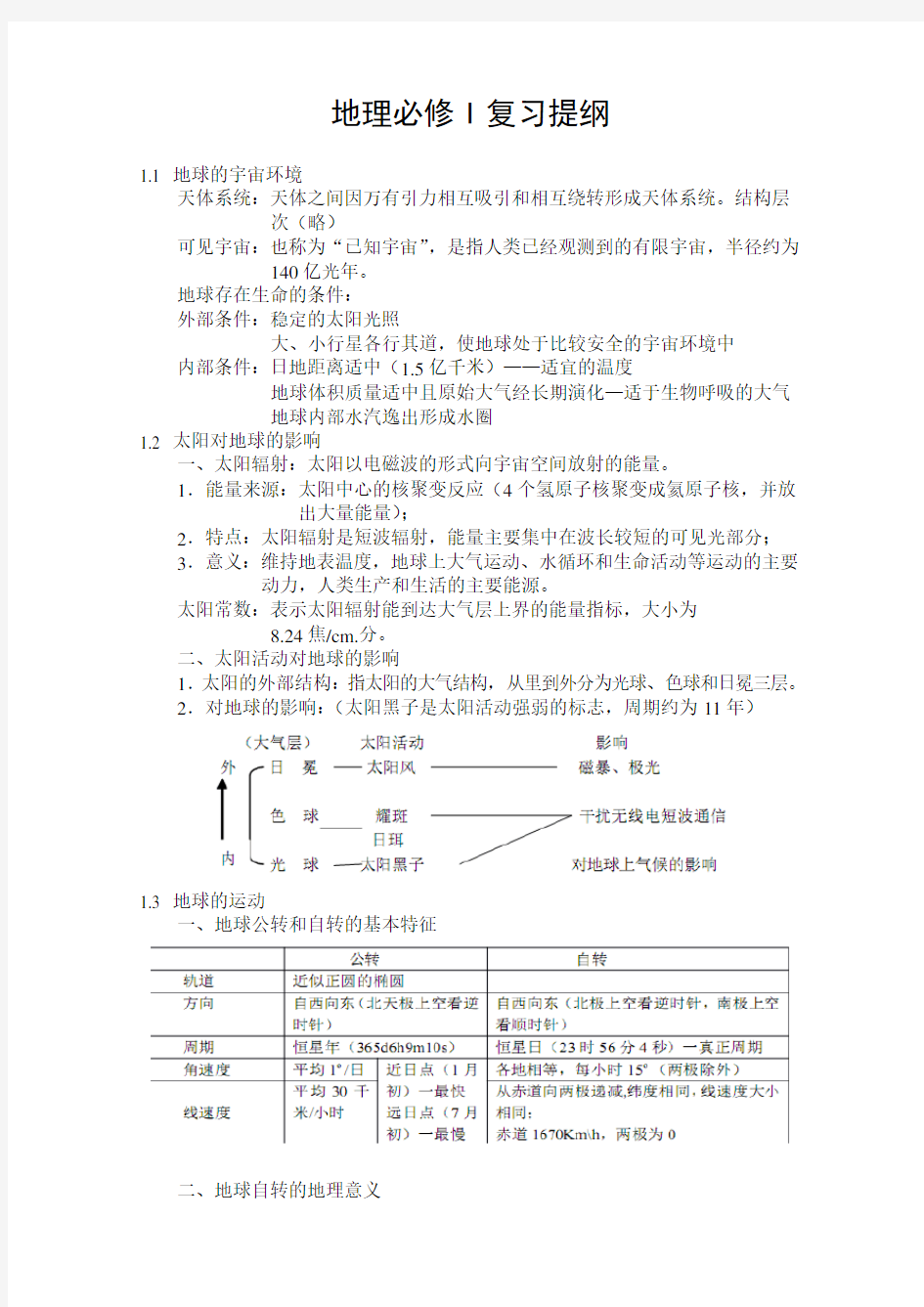 湘教版高中地理必修一期末复习提纲