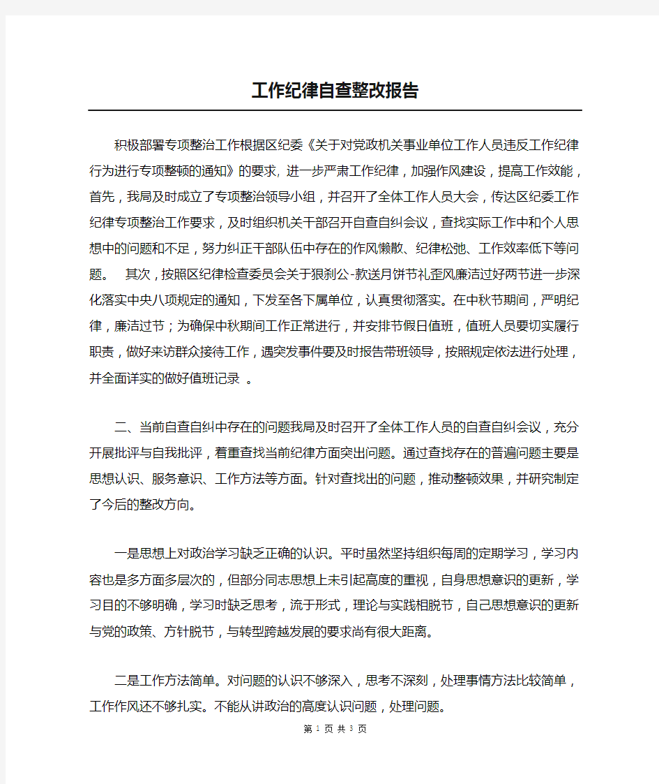 工作纪律自查整改报告