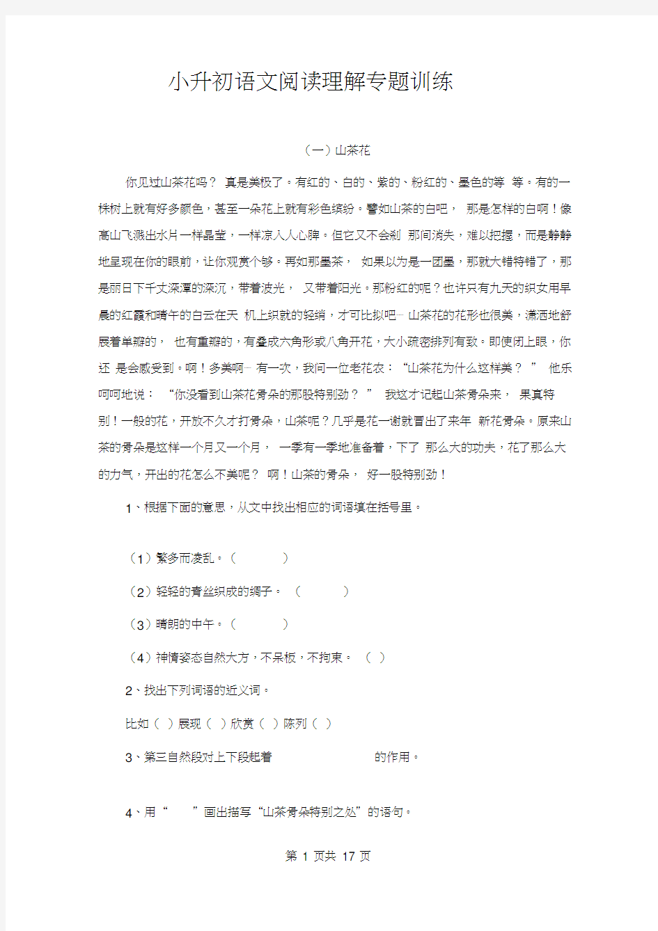 小升初语文阅读理解专题训练