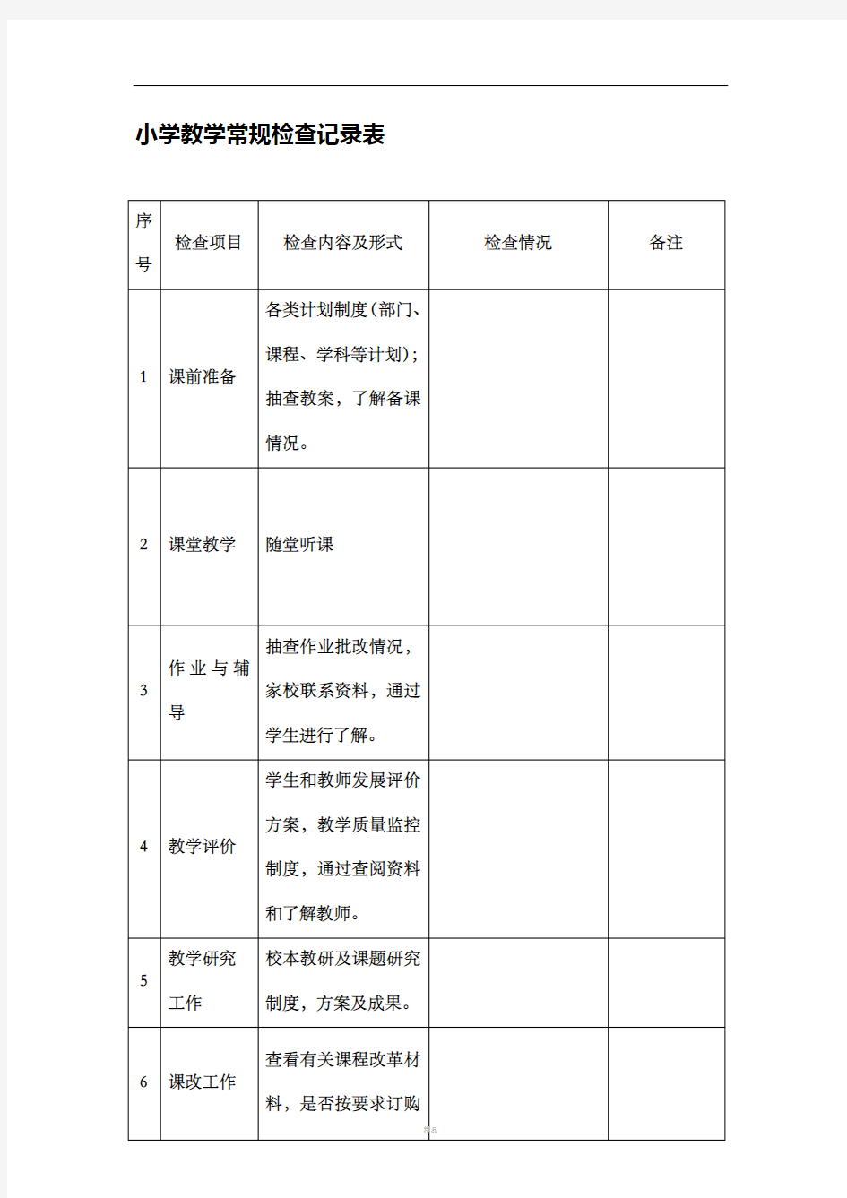 小学教学常规检查记录表