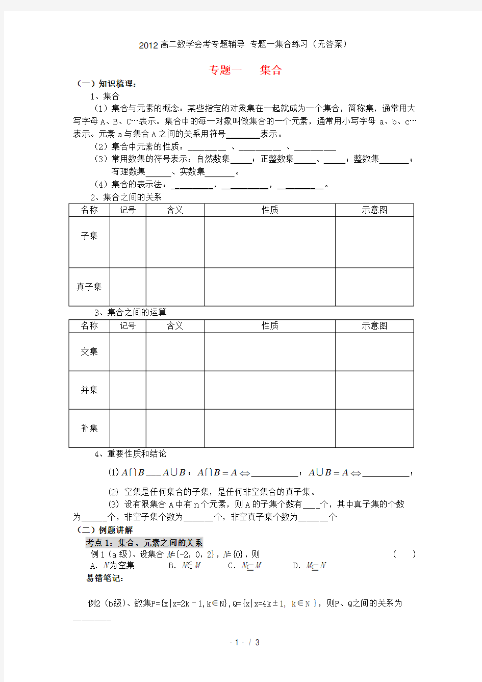 高二数学会考专题辅导 专题一集合练习(无答案)