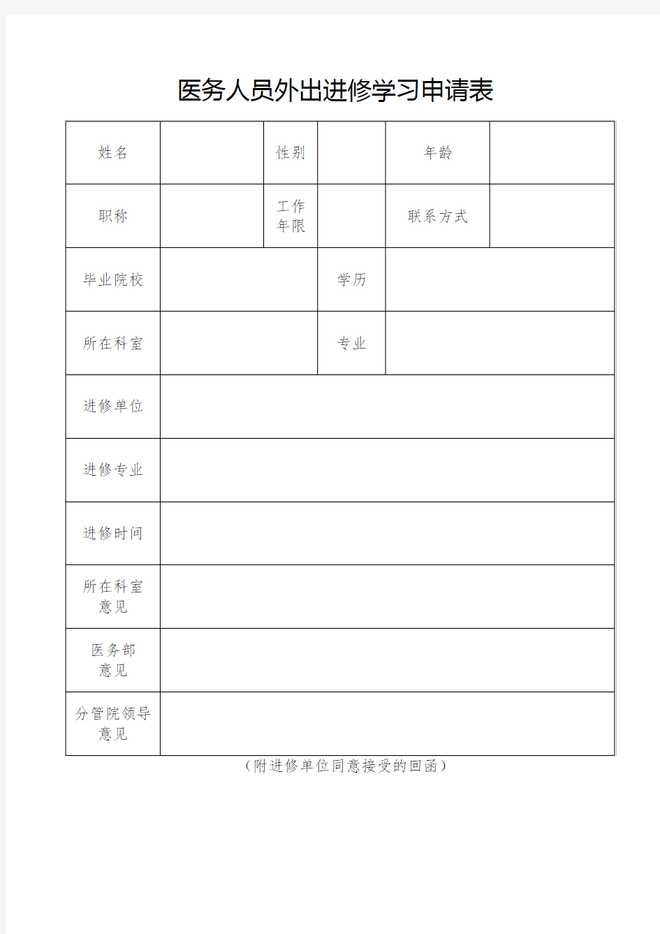 医务人员外出进修申请表