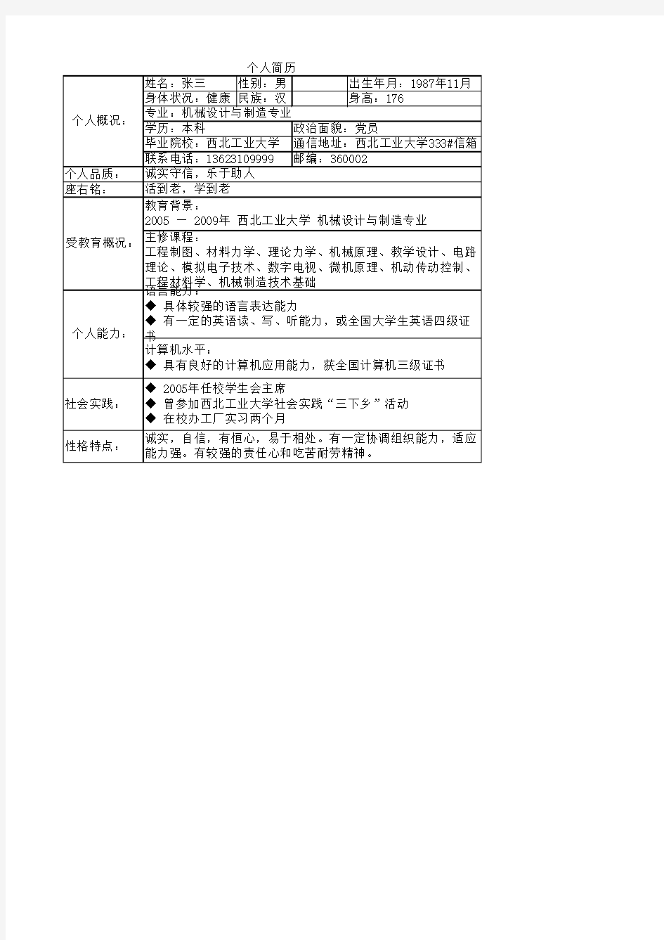 大学计算机基础《个人简历》作业