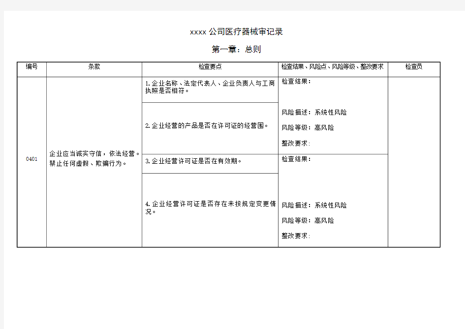 医疗器械内审记录表格模板