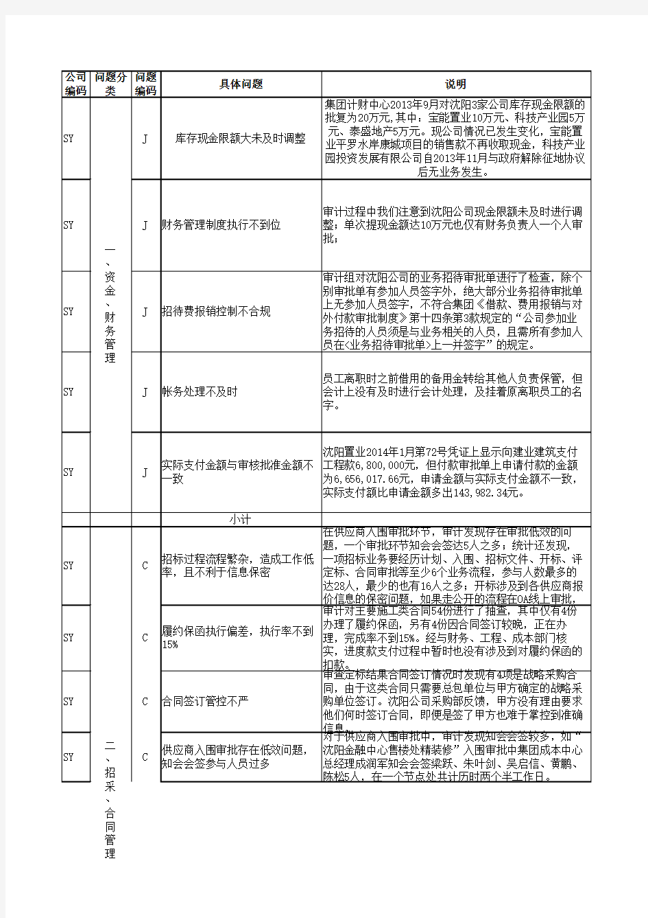 沈阳项目审计问题汇总表