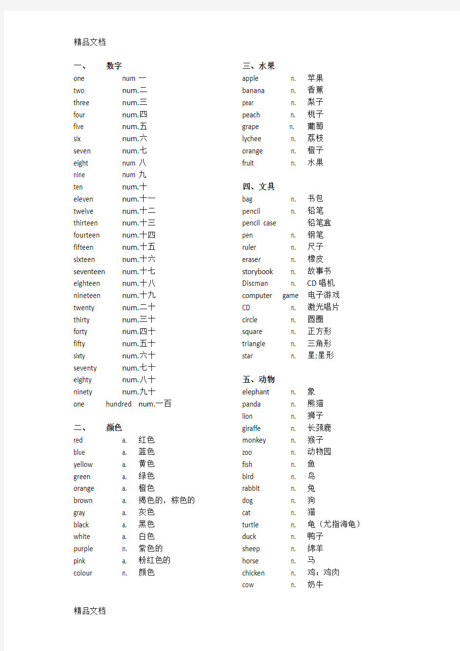 一到三年级英语单词分类整理学习资料