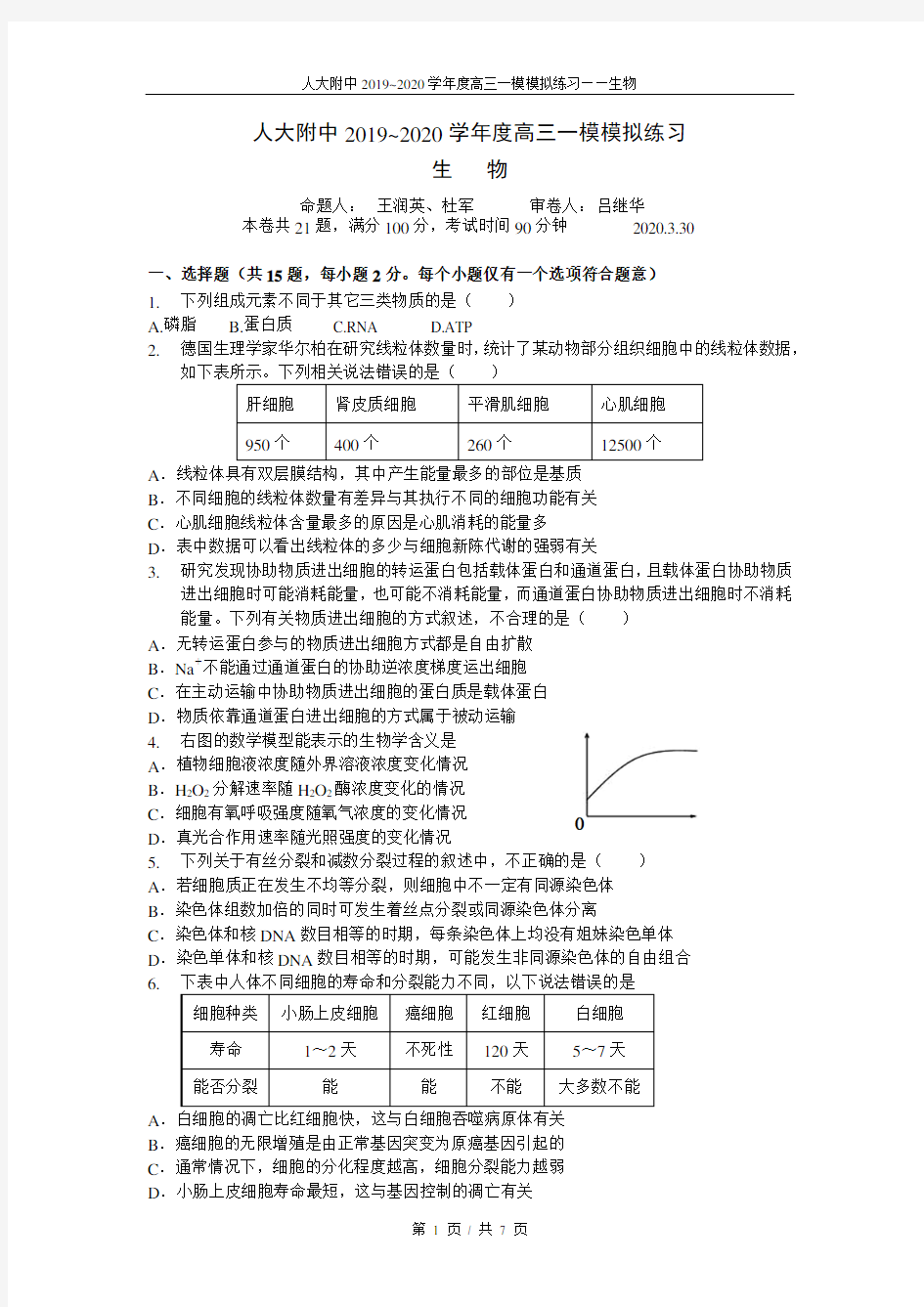 2020北京市人大附中高三下学期一模模拟试题生物(含答题纸及答案)