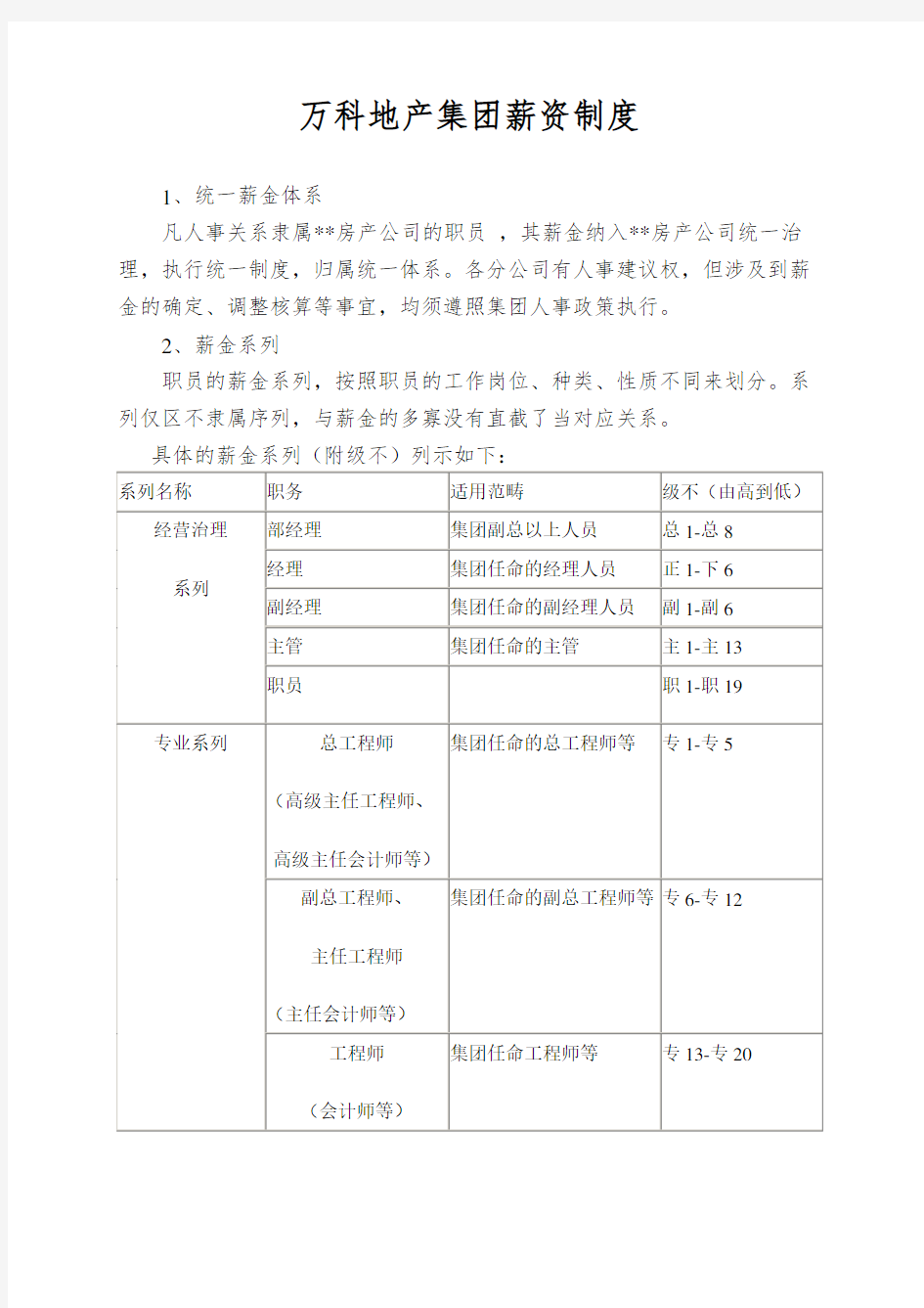 万科地产集团薪资制度