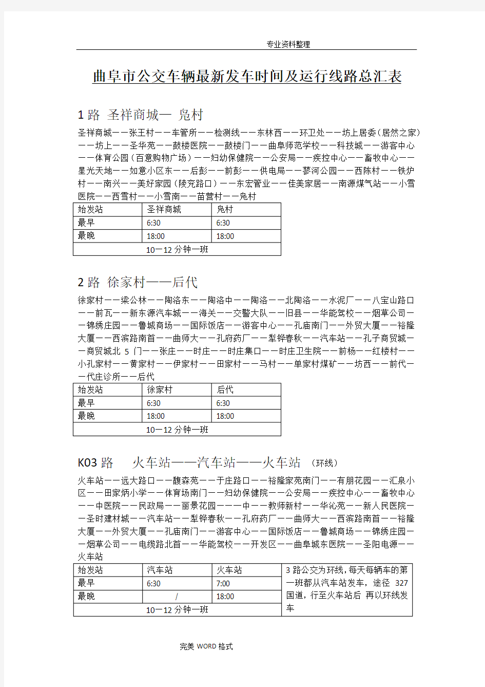 曲阜市公交车辆最新线路和发车时间汇总表