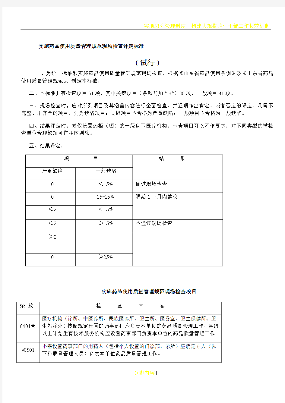 实施药品使用质量管理规范现场检查评定标准