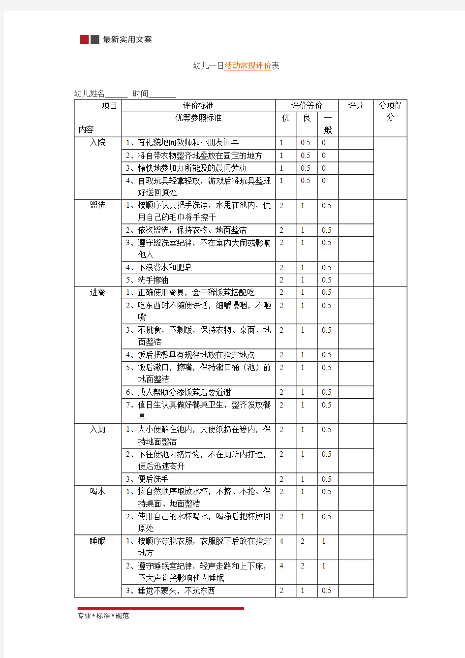 【精选表格】幼儿一日活动常规评价表