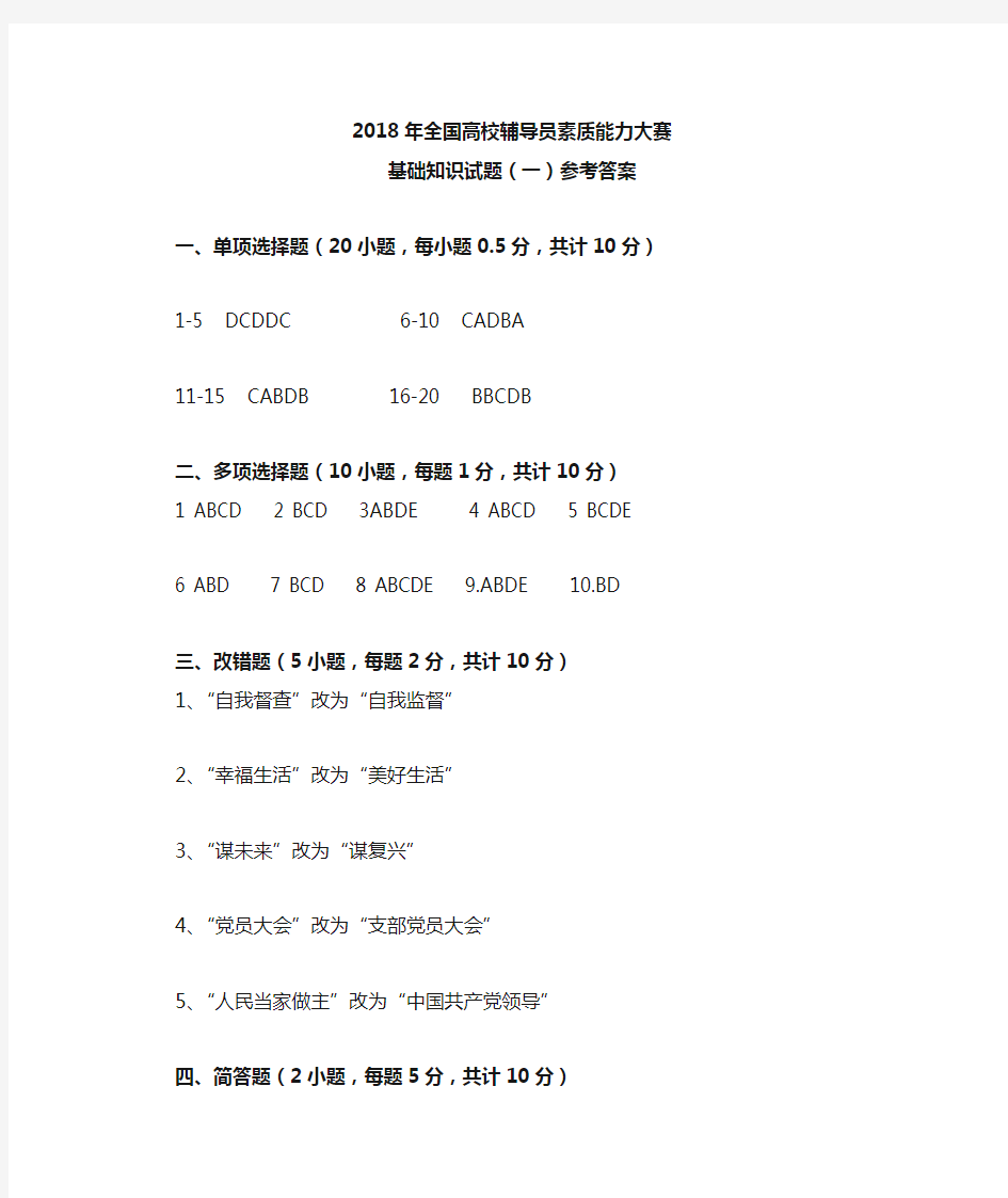 全国高校辅导员素质能力大赛基础知识试题参考答案