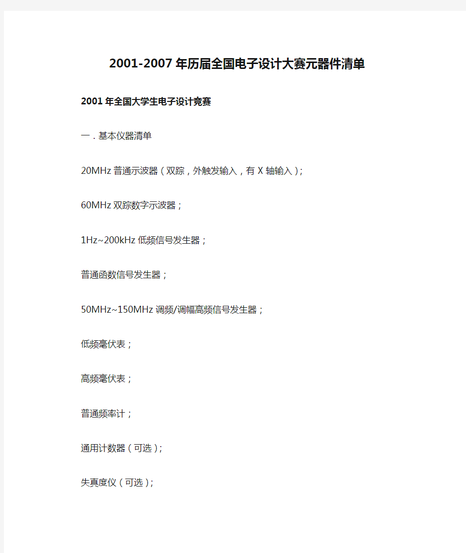 2001-2007年历届全国电子设计大赛元器件清单