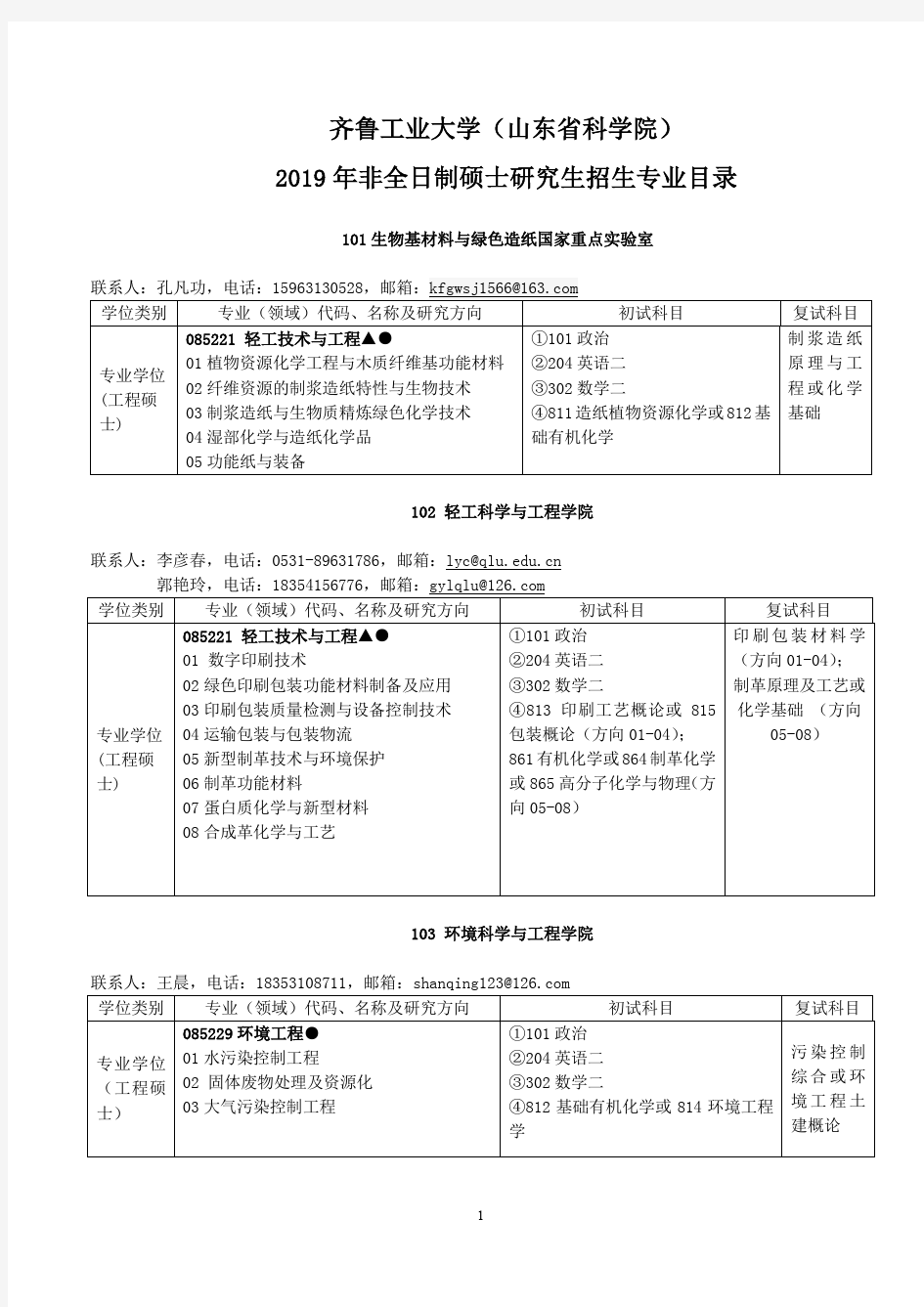 齐鲁工业大学(山东省科学院)2019年非全日制硕士研究生