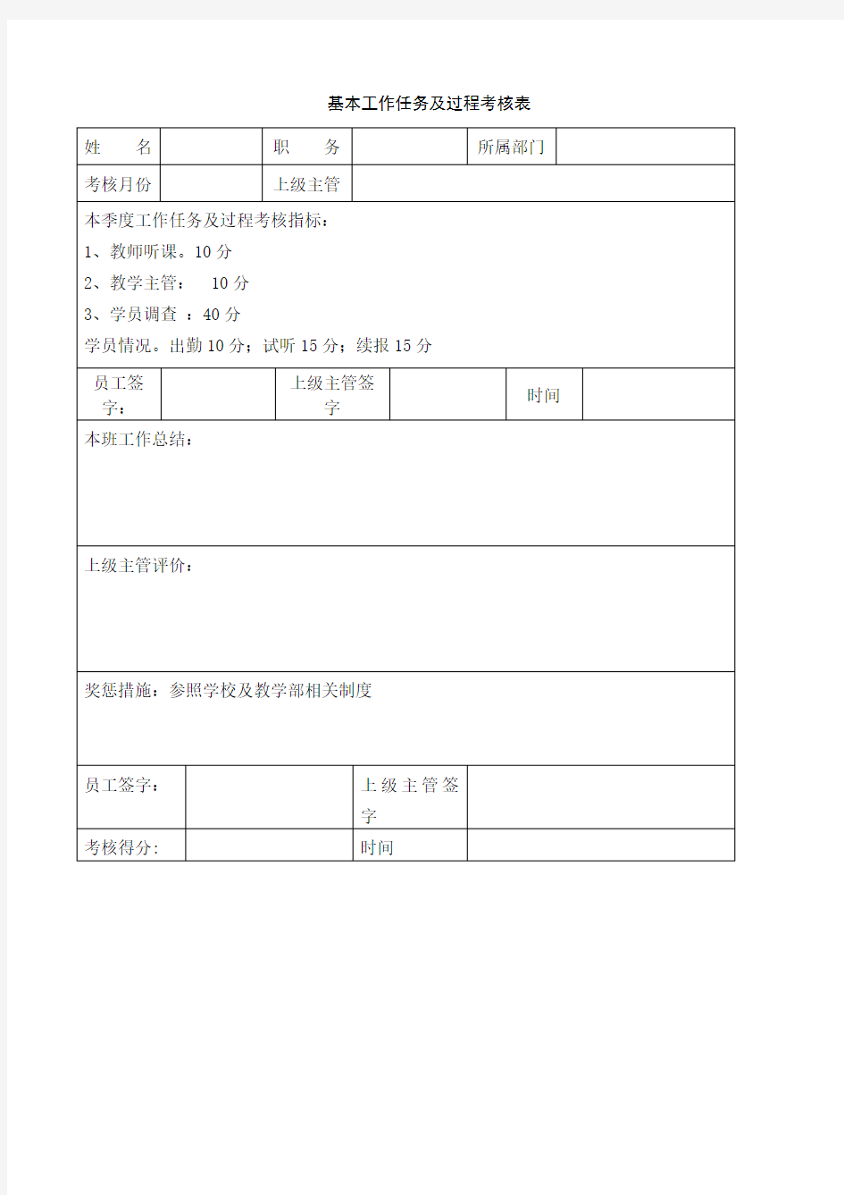 基本工作任务及过程考核表