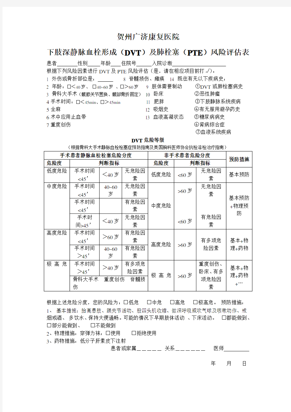 下肢深静脉血栓形成风险评估表