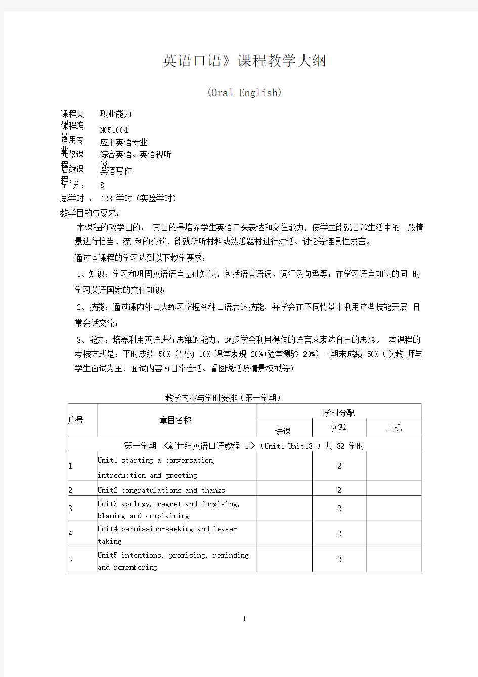 英语口语课程教学大纲